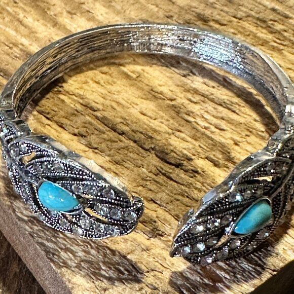 Boho Vintage Southwestern Cowgirl Crystal CZ Cuff Bracelet, Turquoise Stone, XL - Picture 4 of 8
